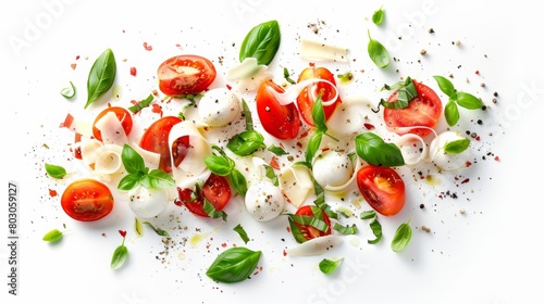 A fresh caprese salad with ripe cherry tomatoes, mozzarella cheese, basil leaves, and sprinkled with herbs and spices on a white surface.
