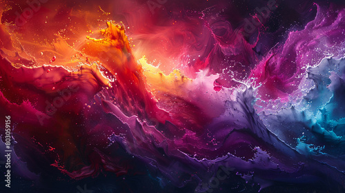 A vibrant and chaotic abstract artwork, with colors splashing and colliding in a stunning display. photo