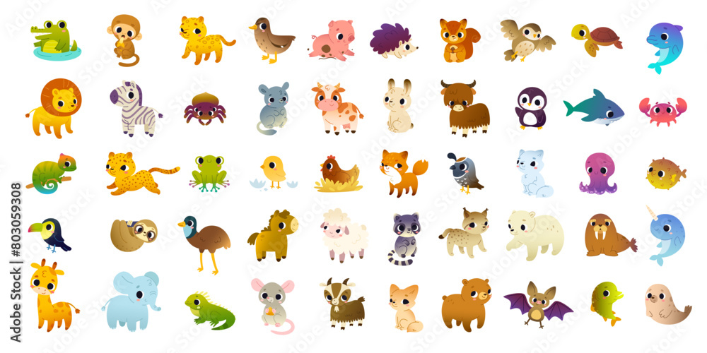 Cartoon animals set. Big vector collection of cute colorful animals. Bundle of funny baby animals.