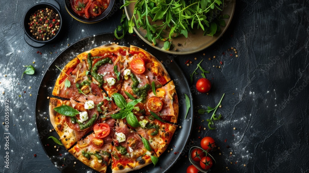 A delicious pizza topped with salami, tomatoes, cheese, basil, and olives, surrounded by ingredients and a bowl of arugula on a dark background.