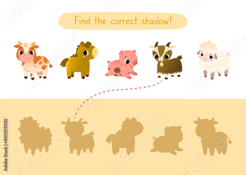 Mini game with cute domestic animals for kids. Find the correct shadow of cartoon farm animals.