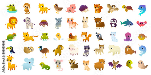 Cartoon animals set. Big vector collection of cute colorful animals. Bundle of funny baby animals.