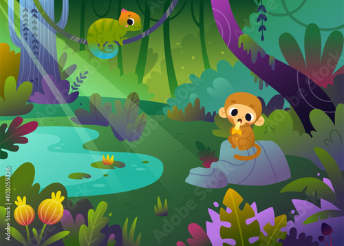Cartoon jungle landscape with cute baby animals. Bright vector rainforest background with funny animals.