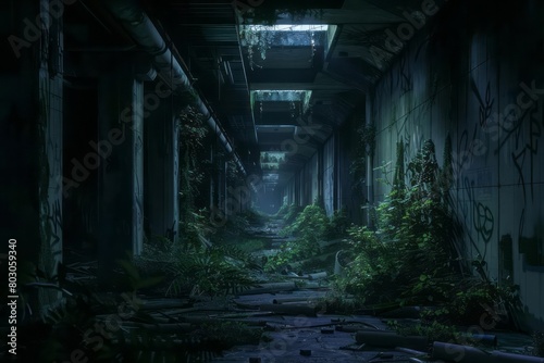 A dark corridors of abandoned high tech hallways. Sci-Fi scenario. Overgrown with plants. Located under a high tech city underground.