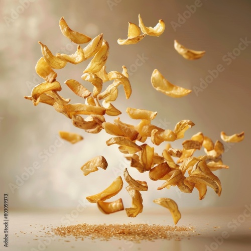 A cascade of potato chips is frozen mid-air against a soft background, creating an impression of weightlessness and dynamic motion in the snack food.
