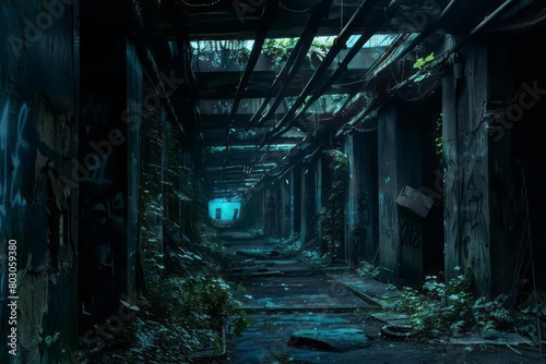 A dark corridors of abandoned high tech hallways. Sci-Fi scenario. Overgrown with plants. Located under a high tech city underground.