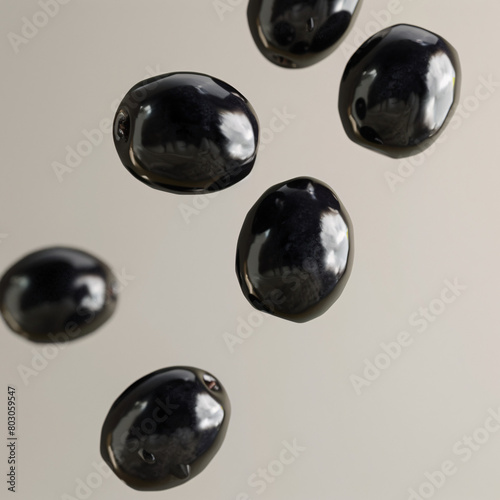 six shiny black olives floating against a light background.