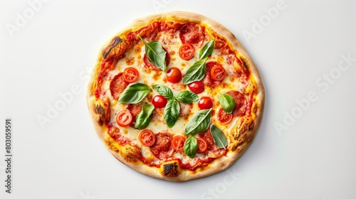 A freshly baked pizza with melted cheese, cherry tomatoes, and basil leaves, presented on a clean white surface, symbolizing Italian cuisine.