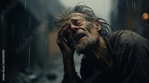 A poor man crying in rain for his old mud house