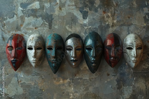 A series of masks, each representing the different facades people with depression might wear