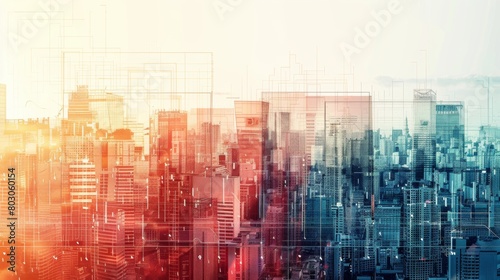 Abstract cityscape with an overlay of technological and digital graphics, suggesting themes of urban development and the integration of technology with city planning. © kittikunfoto