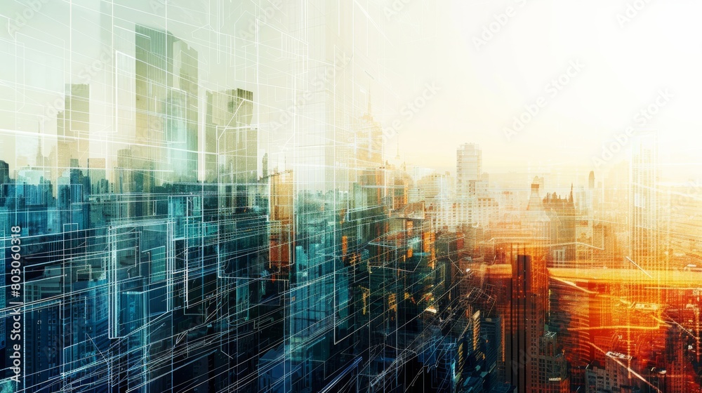 Abstract cityscape with digital overlay, depicting a futuristic urban skyline with technology and data concept, blending architecture and digital transformation themes.