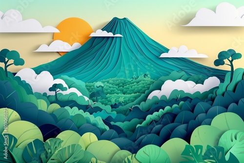 The break of dawn at Poas Volcano National Park is beautifully rendered in this paper cutout style illustration, full of life and color. - AI Generated photo