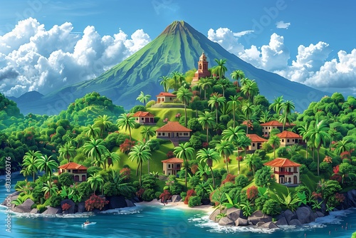 Explore the serenity of a Costa Rican mountain retreat with this AI-generated image, featuring colonial architecture amidst volcanic landscapes.