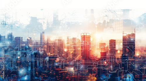 The image depicts a digitally enhanced cityscape with overlaying graphical elements, suggesting technological connectivity or futuristic urban development in a smart city environment.