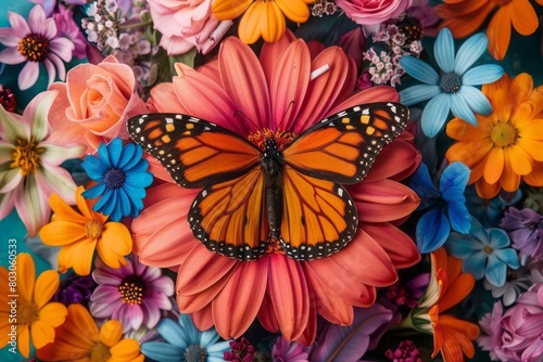 A butterfly emerging from a cocoon against a backdrop of bright flowers  symbolizing transformation after depression