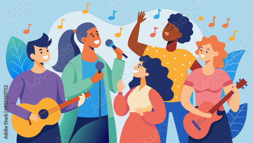 As a group of adults with bipolar disorder sing and play instruments together they find a sense of community and support in each other understanding. Vector illustration