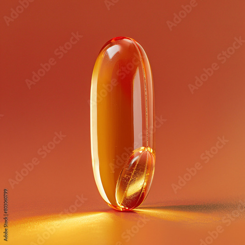 glossy amber-colored capsule on a reflective surface with an orange backdrop. photo