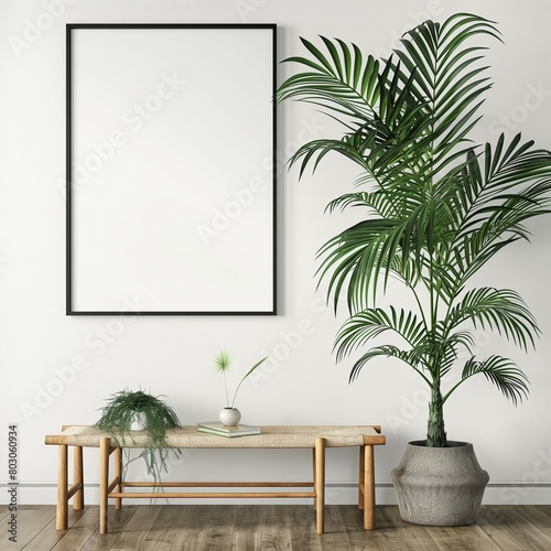 Frame mockup  white wall home room interior with tropical plants  3D render