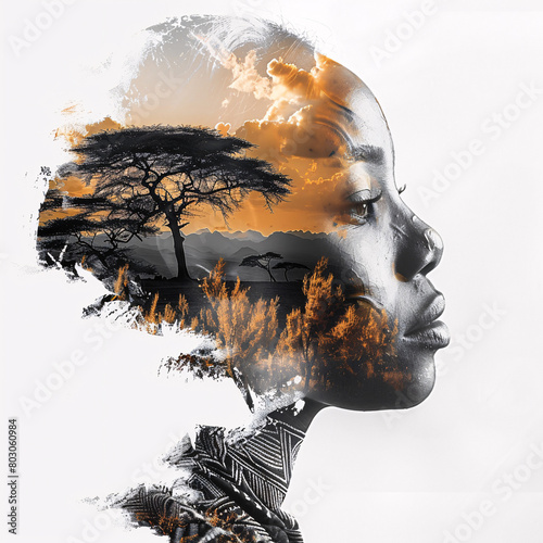 silhouette of a person with an African savanna sunset and trees superimposed on the profile. photo