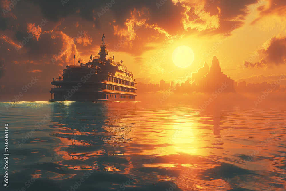 Serene vector illustration featuring a luxury cruise ship sailing at sunset, with a silhouette of city skyline. AI Generated Serene vector illustration featuring a luxury cruise ship sailing at sunset, with a silhouette of city skyline. AI Generated