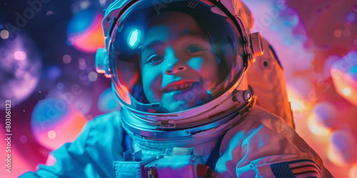 Cheerful child wearing astronaut suit in space. Kid in spacesuit watching meteorites and stars. Children dreams concept. photo