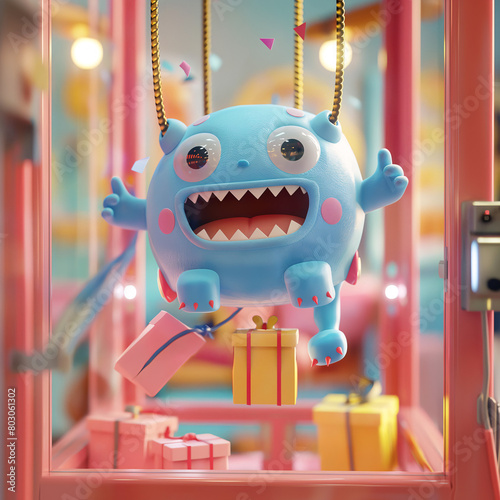 Joyful blue monster in a claw machine, surrounded by colorful gift boxes. photo