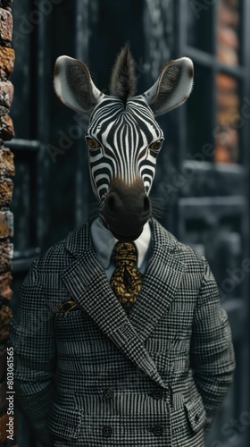 Fashionable zebra strides through city streets in tailored elegance  epitomizing street style. The realistic urban backdrop frames this black-and-white beauty  seamlessly merging wild charm with conte