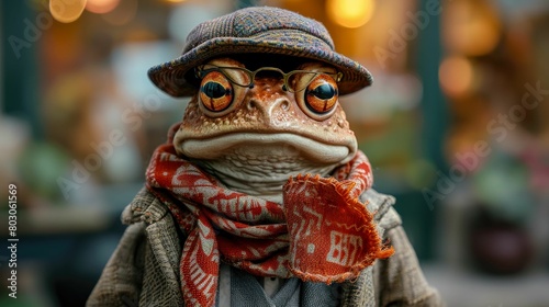 Dapper toad hops through city streets in tailored splendor, epitomizing street style. The realistic urban setting captures this amphibian's charm, seamlessly merging swamp allure with contemporary fas