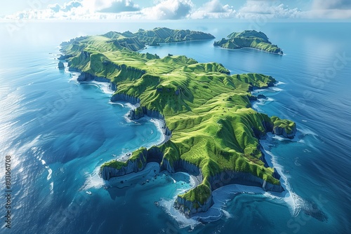 Captivating vector illustration of a lush, green island chain off New Zealand's coast, under a clear sky. AI Generated photo
