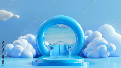 Blue portal with cityscape view, surrounded by stylized clouds in a serene atmosphere photo