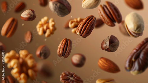  image of assorted nuts floating with a focus on their texture and natural colors  set against a solid brown background to enhance the organic and healthy appeal