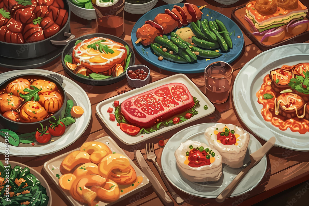 A delightful vector illustration of savory dishes, perfect for a culinary exploration around the globe. AI Generated. A delightful vector illustration of savory dishes, perfect for a culinary exploration around the globe. AI Generated.