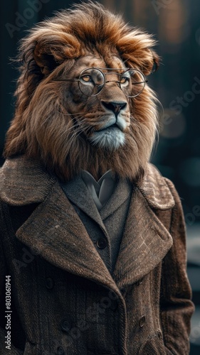 Regal lion roams urban streets in refined attire  epitomizing street style. The realistic city backdrop frames this majestic feline  seamlessly blending wild majesty with contemporary fashion in a cap