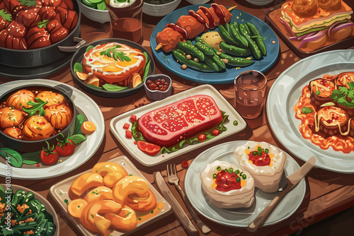 A delightful vector illustration of savory dishes, perfect for a culinary exploration around the globe. AI Generated.
