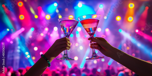 Two people toasting cocktail glasses on a background of colorful neon stage lights, in lively atmosphere of a music festival. photo