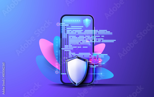 Futuristic Smartphone Security Concept with Shield and Digital Lock. Vibrant 3D illustration depicting a smartphone with advanced security features, including a shield and digital lock. Vector