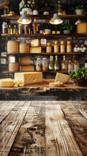 Rustic cheese shop with various cheeses on wooden shelves, illuminated by lights