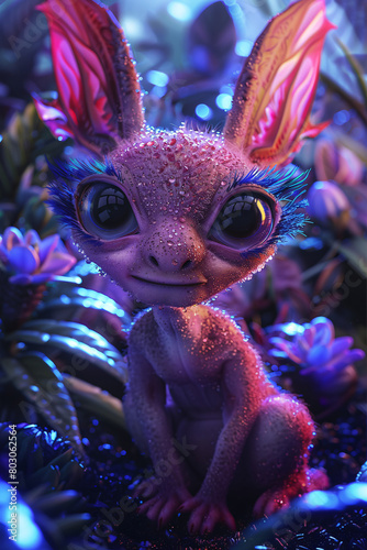 Mystical creature with big eyes, ears, in a glowing plant-filled forest photo