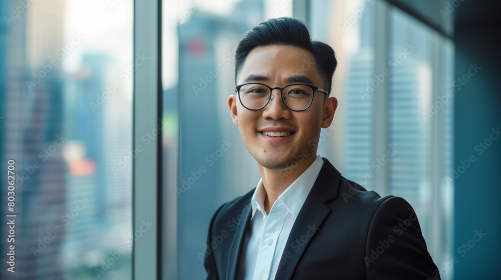 Image of a handsome Asian businessman with glasses, confidently smiling, wearing a sleek black suit.