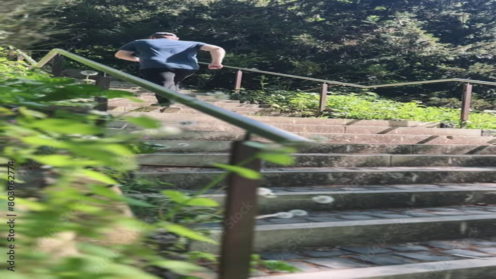 A jogger running up stone stairs in a green park on a beautiful sunny summer day A jogger running up stone stairs in a green park on a beautiful sunny summer day