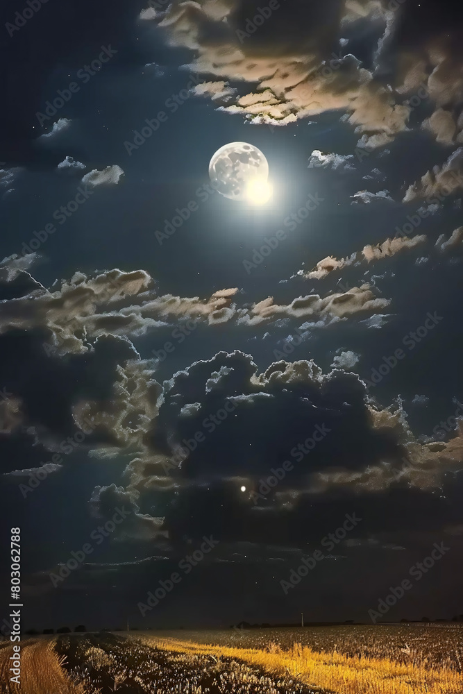 Full moon illuminates clouds, stars, and a tranquil field at night.