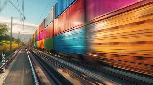 High-speed motion blur of a colorful cargo train moving along tracks.