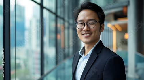 Image of a handsome Asian businessman with glasses, confidently smiling, wearing a sleek black suit.