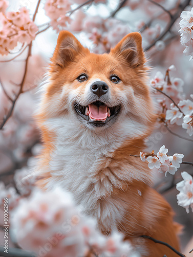 A happy dog amidst blooming flowers photo