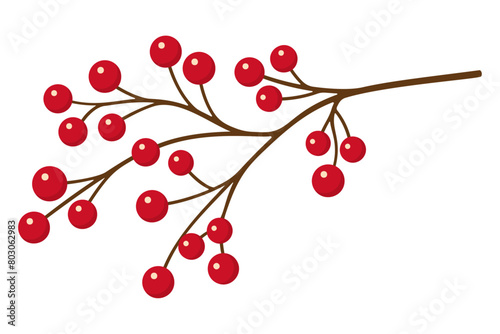 Red winter berries. Trendy flat illustration holly tree, mistletoe or ilex berries on branch. Isolated illustration on white background