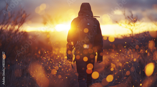 Person with backpack walking in field at sunset, bokeh effect. photo