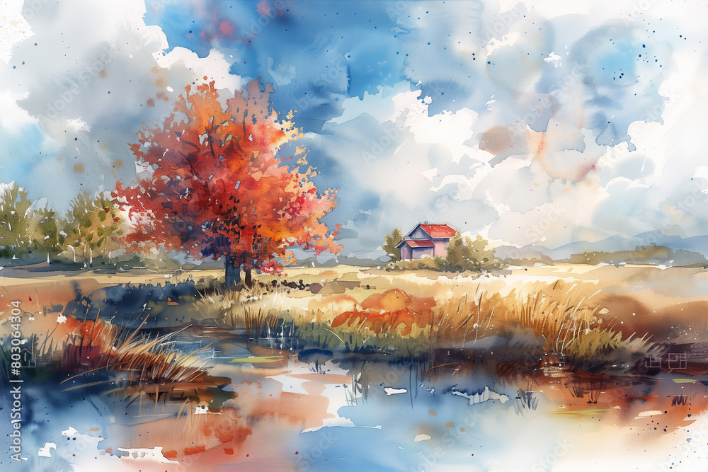 Watercolor painting of a house in the forest in autumn.