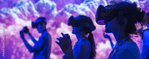 Obraz na płótnie Group Experiencing Virtual Reality with VR Headsets, Engaging in an Immersive Multi-User Digital Interaction w salonie