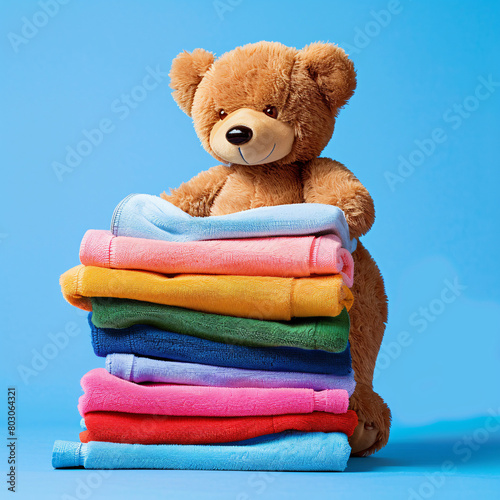 Teddy bear on colorful towels against blue background. photo